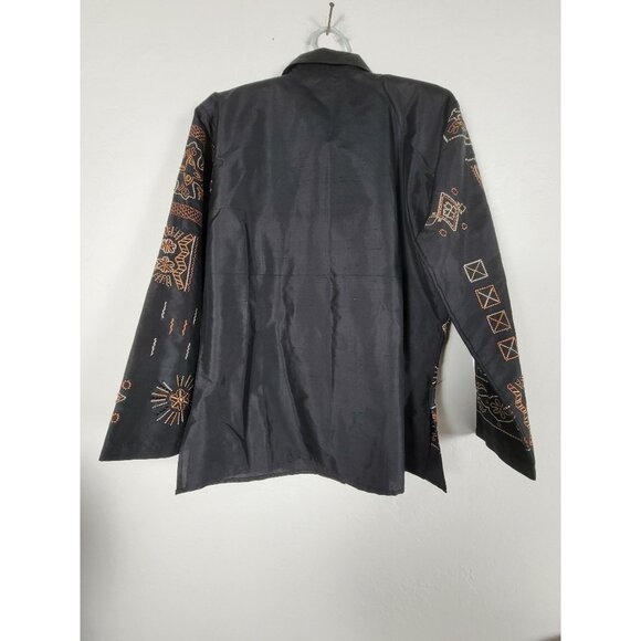 Vintage Mirasol Womens Silk Blend Button-Up Shirt Small Black Tribal Embroidery - Picture 2 of 8